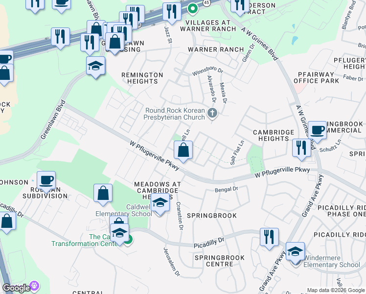 map of restaurants, bars, coffee shops, grocery stores, and more near 17312 Valentine Drive in Round Rock