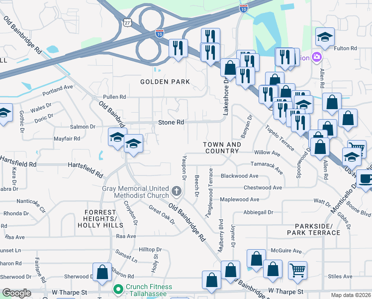 map of restaurants, bars, coffee shops, grocery stores, and more near 1014 Redbud Avenue in Tallahassee