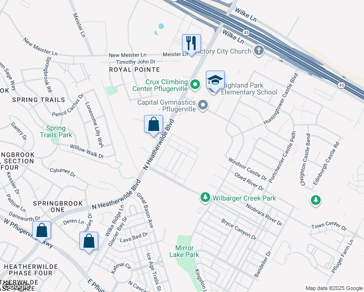map of restaurants, bars, coffee shops, grocery stores, and more near 320 Cane River Road in Pflugerville