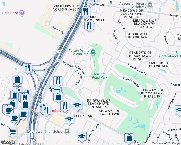 map of restaurants, bars, coffee shops, grocery stores, and more near 2112 Tranquility Lane in Pflugerville