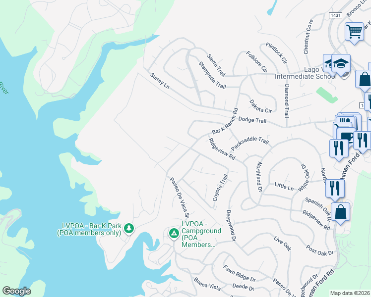 map of restaurants, bars, coffee shops, grocery stores, and more near 21526 Coyote Trail in Lago Vista