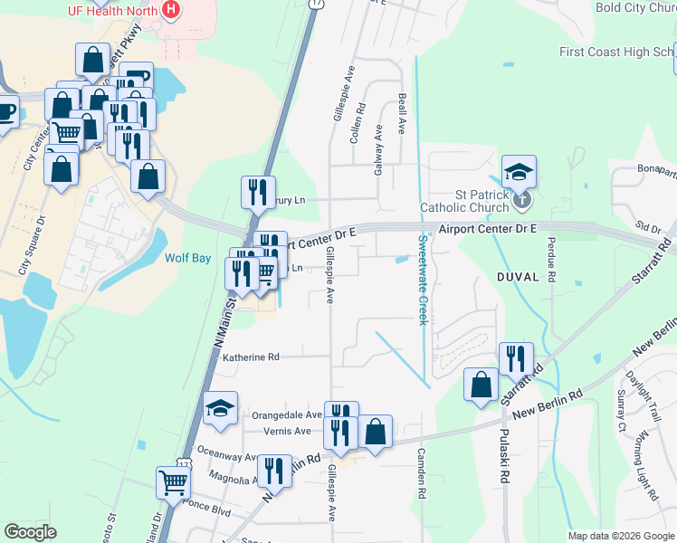 map of restaurants, bars, coffee shops, grocery stores, and more near 13043 Gillespie Avenue in Jacksonville