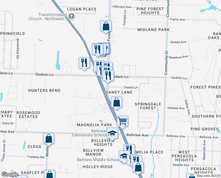 map of restaurants, bars, coffee shops, grocery stores, and more near 6630 Pine Forest Road in Pensacola