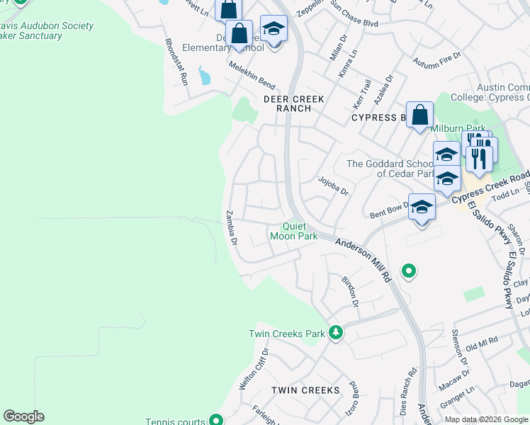 map of restaurants, bars, coffee shops, grocery stores, and more near 2606 Mexican Hat Drive in Cedar Park