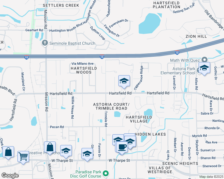 map of restaurants, bars, coffee shops, grocery stores, and more near 2301 Astoria Court in Tallahassee