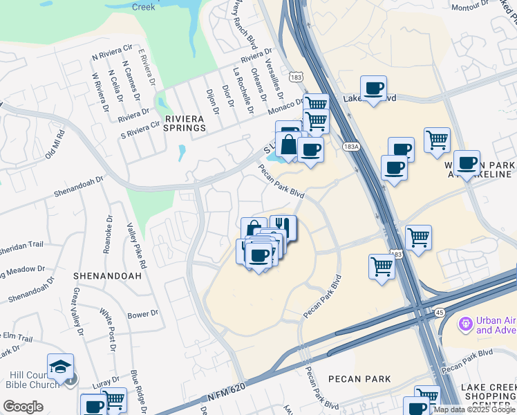map of restaurants, bars, coffee shops, grocery stores, and more near 13800 Lyndhurst Street in Austin