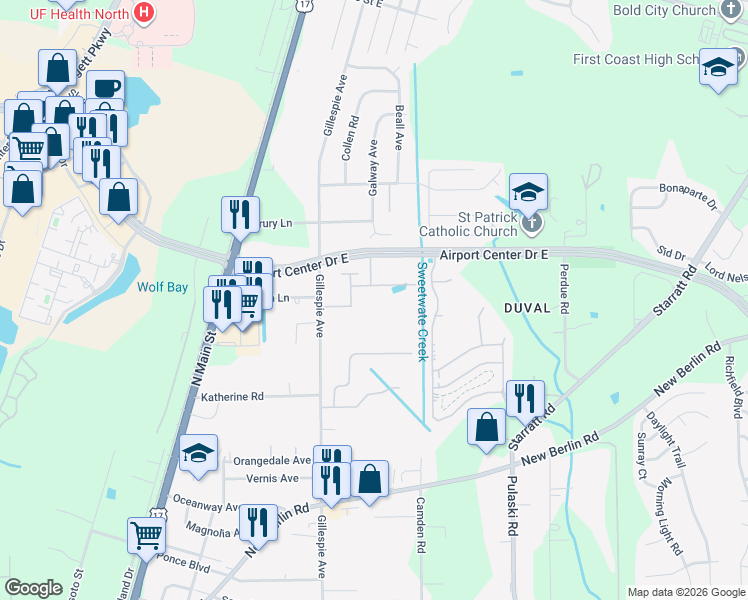 map of restaurants, bars, coffee shops, grocery stores, and more near 13129 Gillespie Avenue in Jacksonville