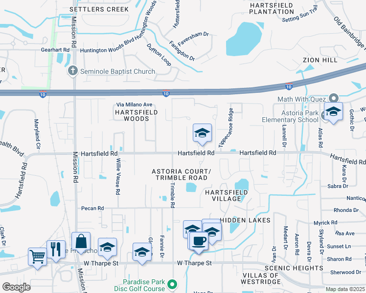 map of restaurants, bars, coffee shops, grocery stores, and more near 2301 Astoria Court in Tallahassee
