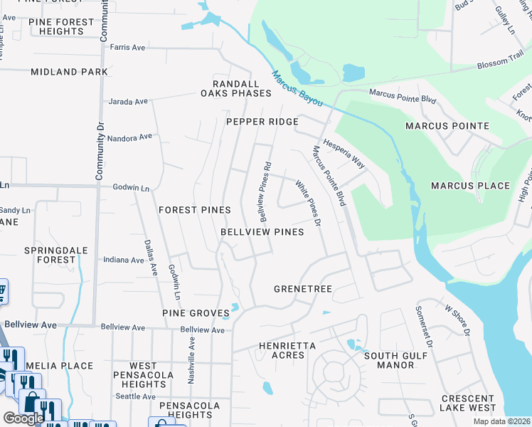 map of restaurants, bars, coffee shops, grocery stores, and more near 6544 Bellview Pines Road in Pensacola