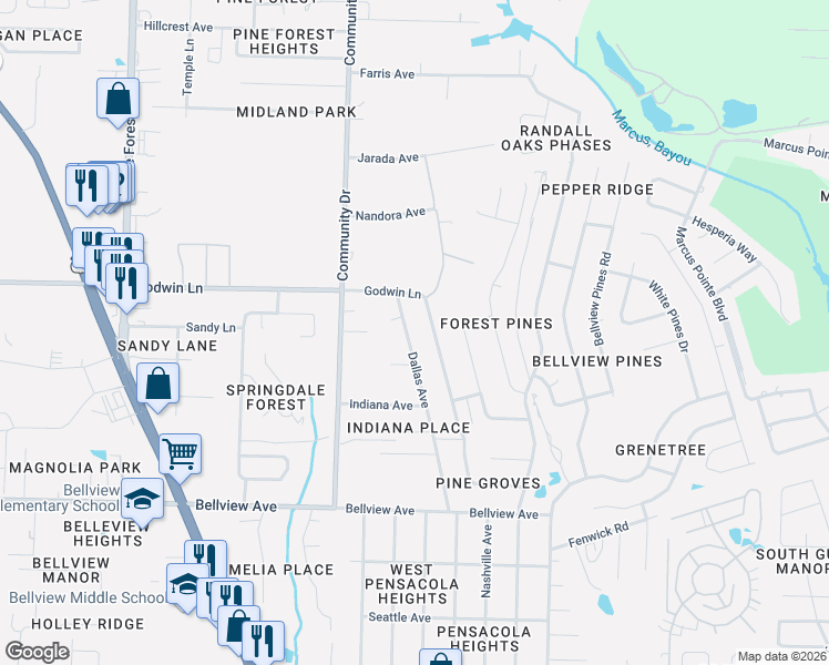 map of restaurants, bars, coffee shops, grocery stores, and more near 6644 Dallas Avenue in Pensacola