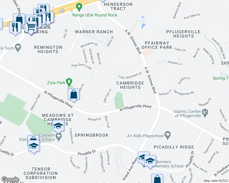 map of restaurants, bars, coffee shops, grocery stores, and more near 17514 Marfa Lights Trail in Round Rock