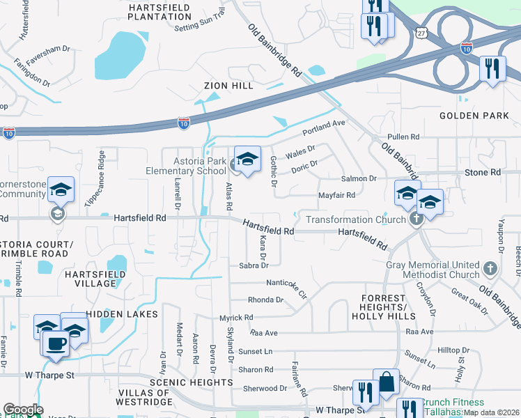 map of restaurants, bars, coffee shops, grocery stores, and more near 2412-2498 Hideaway Court in Tallahassee