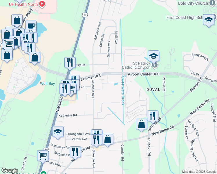 map of restaurants, bars, coffee shops, grocery stores, and more near 13129 Gillespie Avenue in Jacksonville