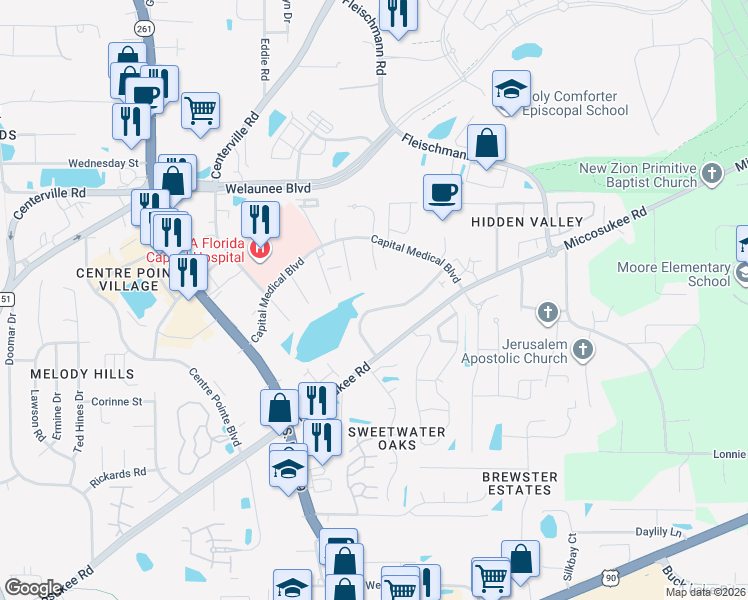 map of restaurants, bars, coffee shops, grocery stores, and more near 3198 Ginger Drive in Tallahassee