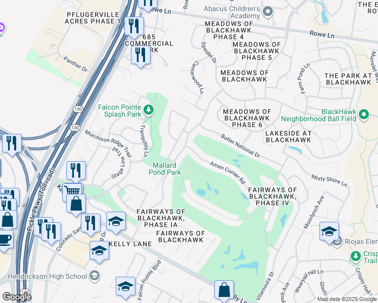 map of restaurants, bars, coffee shops, grocery stores, and more near 2305 Amen Corner Road in Pflugerville