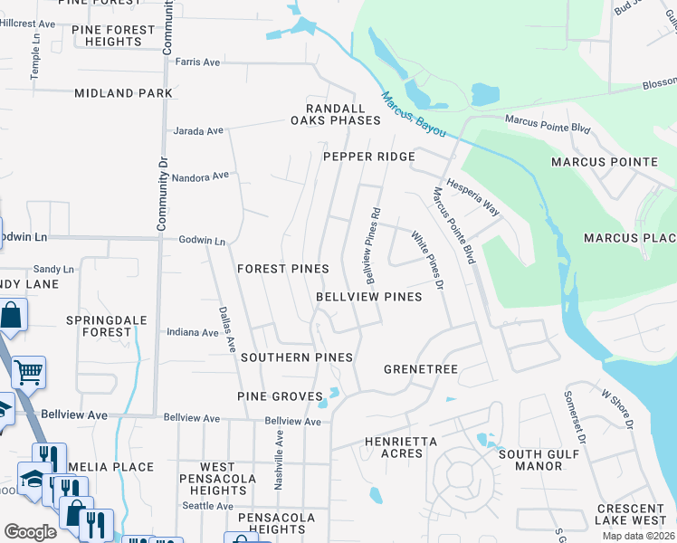 map of restaurants, bars, coffee shops, grocery stores, and more near 6548 Bellview Pines Place in Pensacola