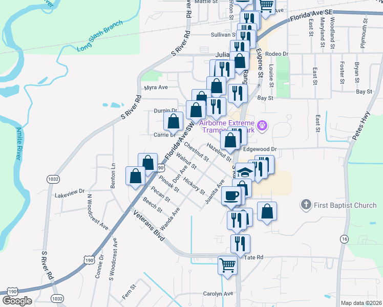 map of restaurants, bars, coffee shops, grocery stores, and more near 1010 Don Avenue in Denham Springs