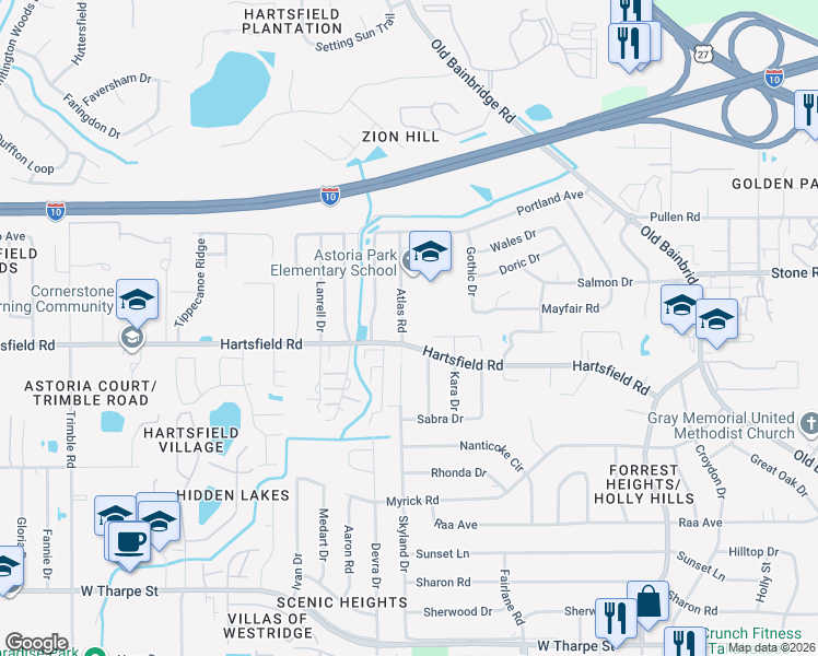 map of restaurants, bars, coffee shops, grocery stores, and more near 2409 Atlas Road in Tallahassee