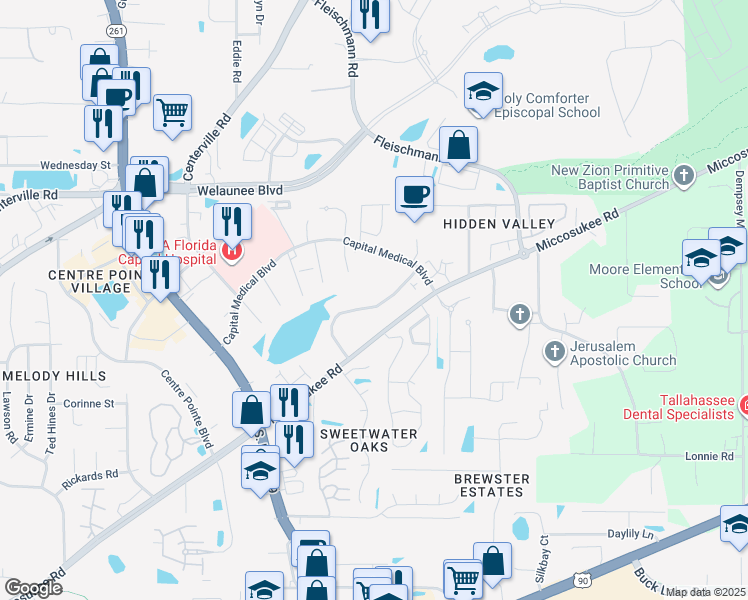 map of restaurants, bars, coffee shops, grocery stores, and more near 3204 Ginger Drive in Tallahassee