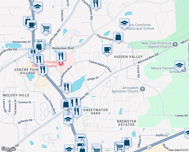 map of restaurants, bars, coffee shops, grocery stores, and more near 3204 Ginger Drive in Tallahassee