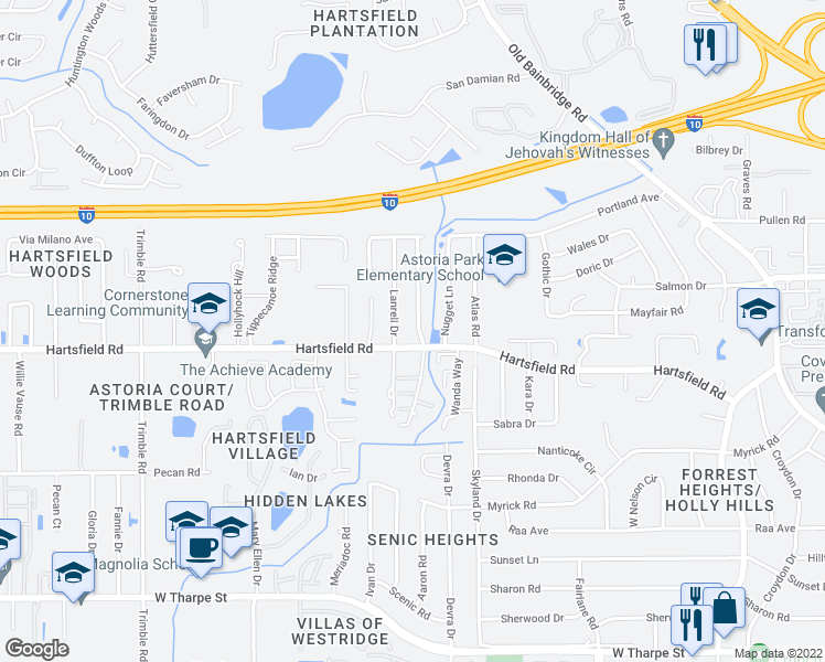 map of restaurants, bars, coffee shops, grocery stores, and more near 2402 Talco Hills Drive in Tallahassee