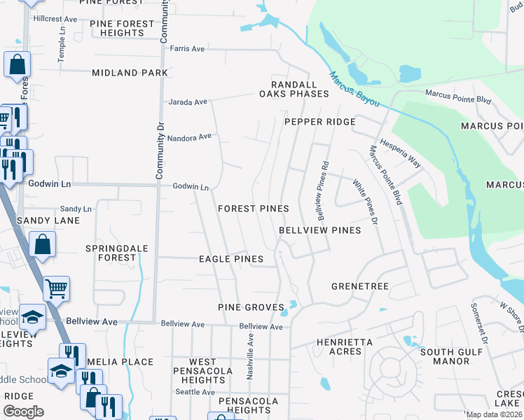 map of restaurants, bars, coffee shops, grocery stores, and more near in Bellview