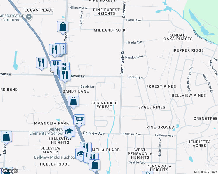 map of restaurants, bars, coffee shops, grocery stores, and more near 1235 Simpson Street in Pensacola