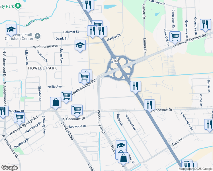 map of restaurants, bars, coffee shops, grocery stores, and more near 2618 Wooddale Boulevard in Baton Rouge