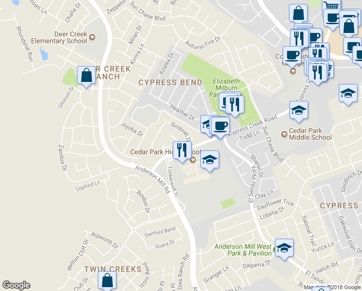 map of restaurants, bars, coffee shops, grocery stores, and more near 2206 Bent Bow Drive in Cedar Park
