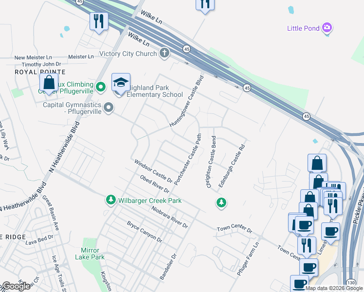 map of restaurants, bars, coffee shops, grocery stores, and more near 901 Rochester Castle Way in Pflugerville