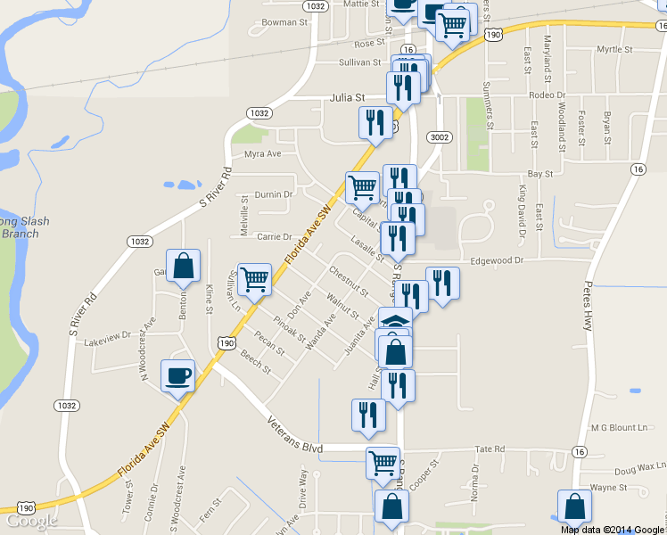 map of restaurants, bars, coffee shops, grocery stores, and more near 1010 Don Avenue in Denham Springs