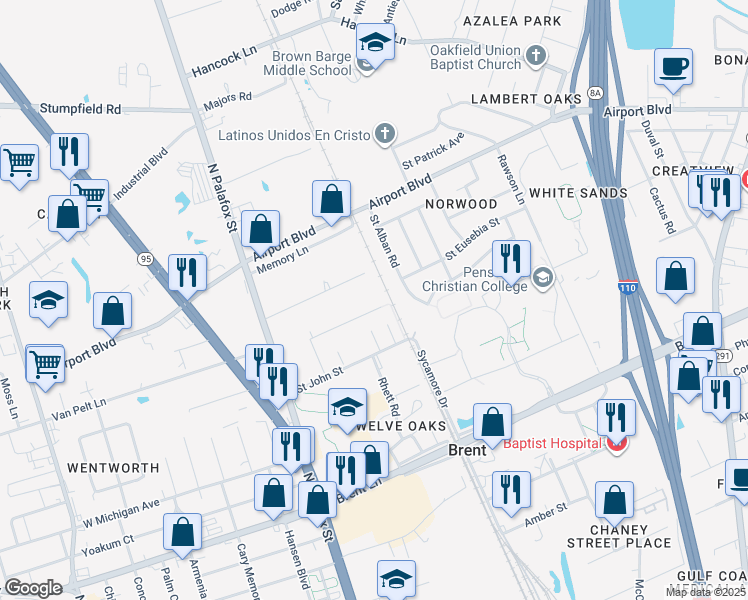 map of restaurants, bars, coffee shops, grocery stores, and more near 138 Cummings Road in Pensacola