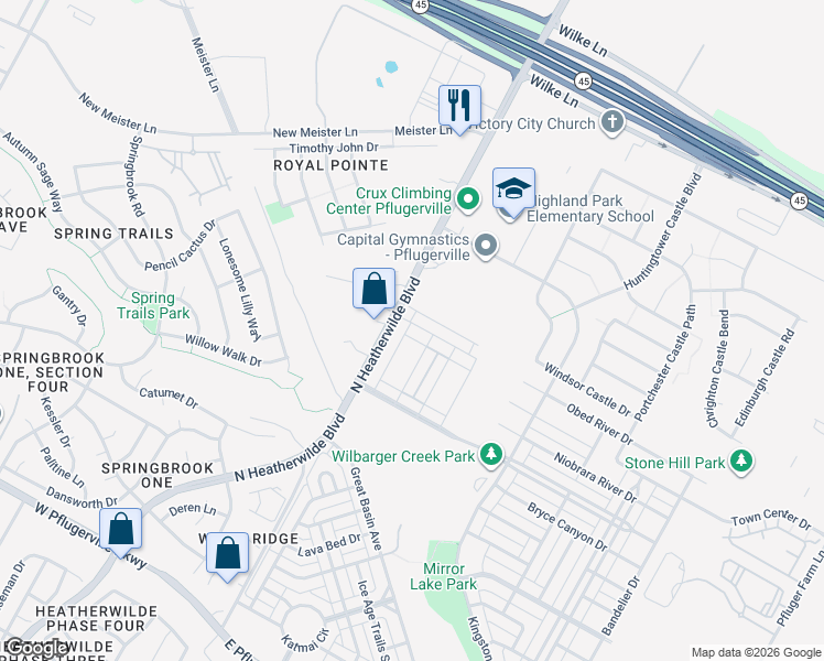 map of restaurants, bars, coffee shops, grocery stores, and more near 18417 Cuyahoga Drive in Pflugerville