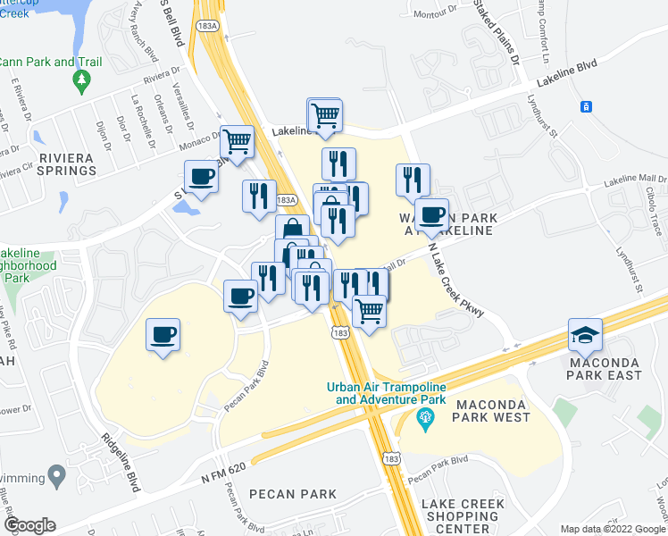 map of restaurants, bars, coffee shops, grocery stores, and more near Research Boulevard in Austin