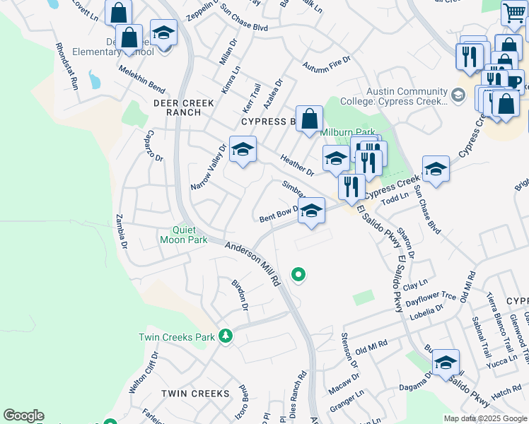 map of restaurants, bars, coffee shops, grocery stores, and more near 2220 Bent Bow Drive in Cedar Park