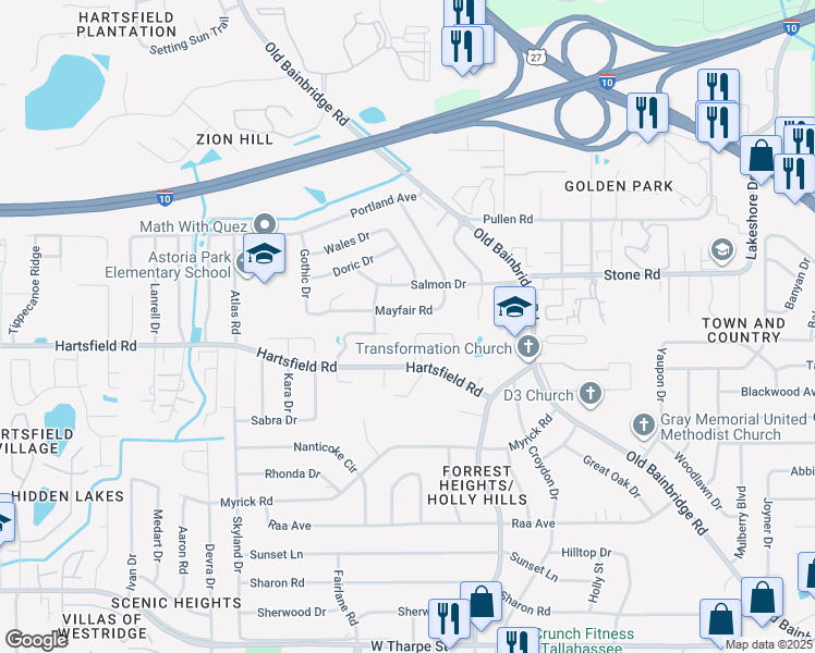 map of restaurants, bars, coffee shops, grocery stores, and more near 1901 Maymeadow Lane in Tallahassee