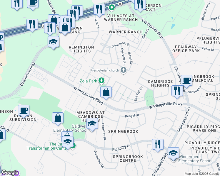 map of restaurants, bars, coffee shops, grocery stores, and more near 17312 Valentine Drive in Round Rock