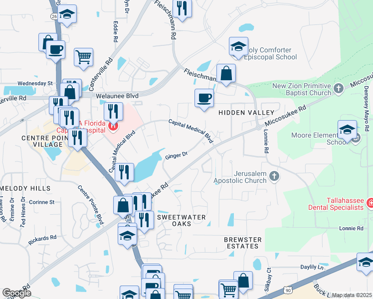 map of restaurants, bars, coffee shops, grocery stores, and more near 3204 Ginger Drive in Tallahassee