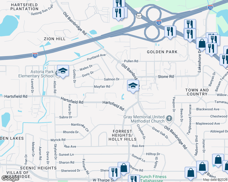 map of restaurants, bars, coffee shops, grocery stores, and more near 1827 Sylvan Court in Tallahassee