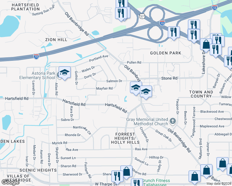 map of restaurants, bars, coffee shops, grocery stores, and more near 1827 Sylvan Court in Tallahassee