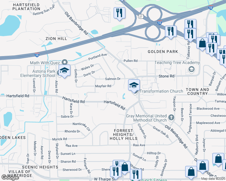 map of restaurants, bars, coffee shops, grocery stores, and more near 1827 Sylvan Court in Tallahassee