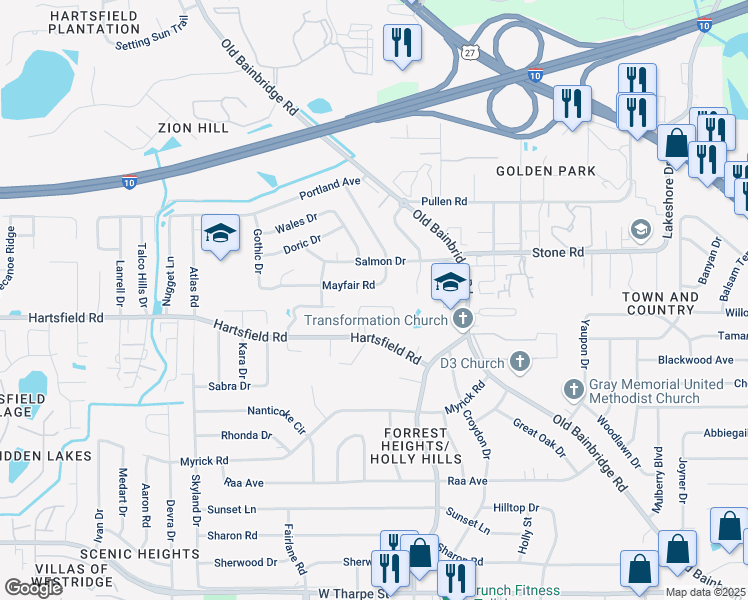 map of restaurants, bars, coffee shops, grocery stores, and more near 1827 Sylvan Court in Tallahassee