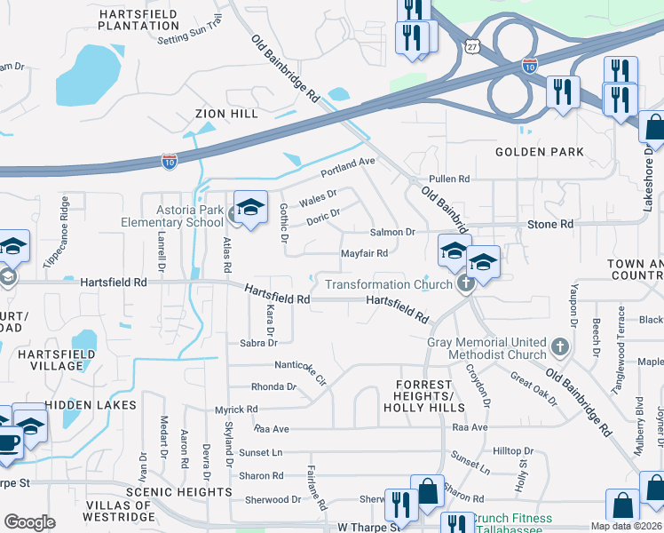 map of restaurants, bars, coffee shops, grocery stores, and more near 1945 Maymeadow Lane in Tallahassee