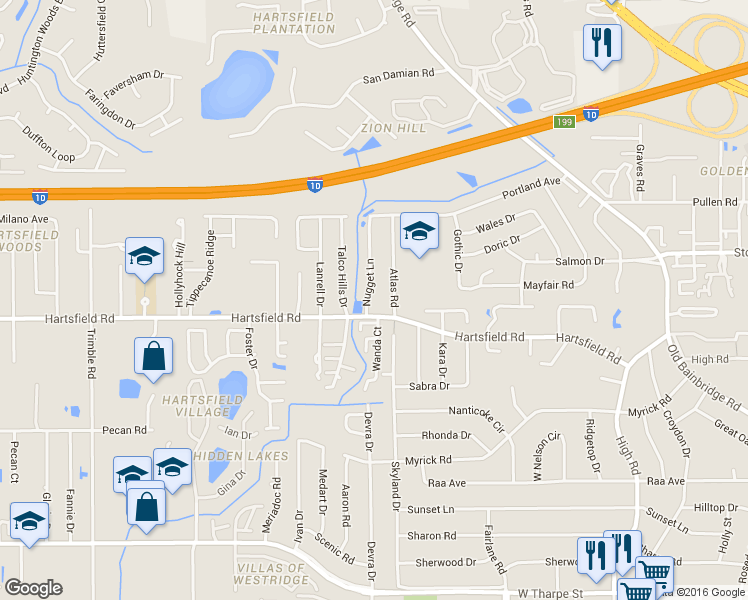 map of restaurants, bars, coffee shops, grocery stores, and more near 2401 Nugget Lane in Tallahassee