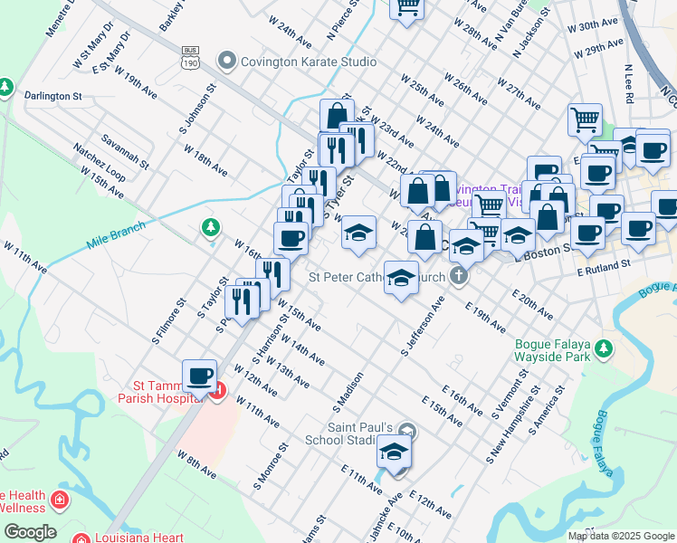 map of restaurants, bars, coffee shops, grocery stores, and more near 525 West 17th Avenue in Covington