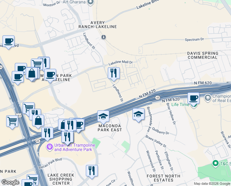 map of restaurants, bars, coffee shops, grocery stores, and more near Lyndhurst Street in Austin