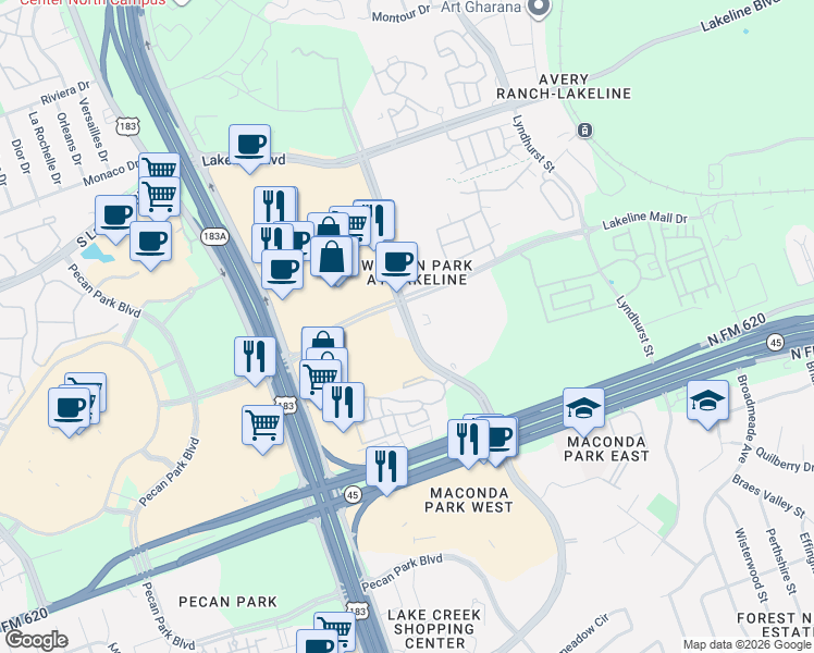 map of restaurants, bars, coffee shops, grocery stores, and more near 9826 North Lake Creek Parkway in Austin