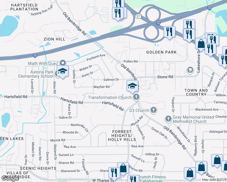 map of restaurants, bars, coffee shops, grocery stores, and more near 1827 Sylvan Court in Tallahassee