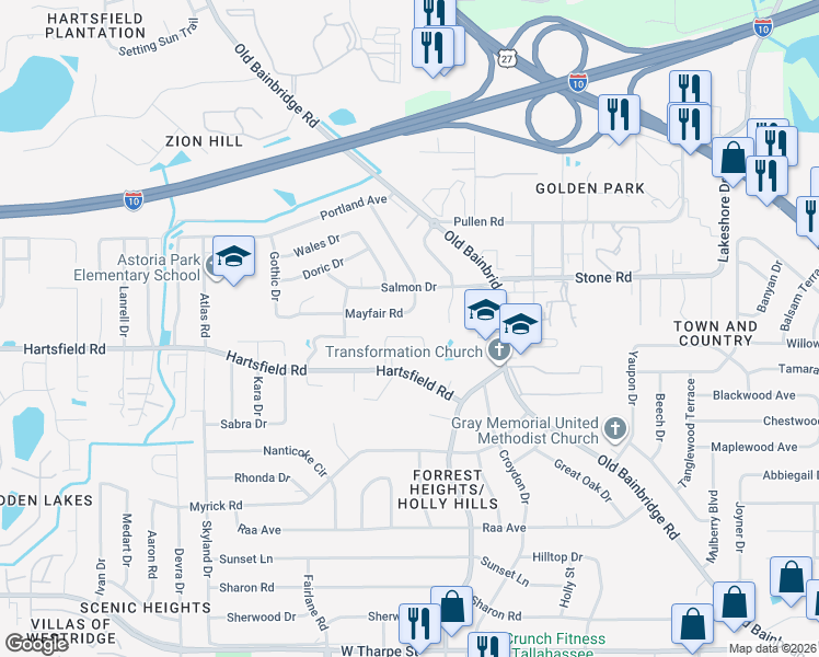 map of restaurants, bars, coffee shops, grocery stores, and more near 1827 Sylvan Court in Tallahassee