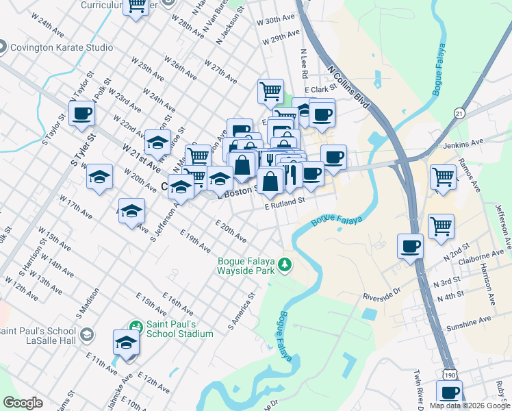 map of restaurants, bars, coffee shops, grocery stores, and more near 517 East Rutland Street in Covington